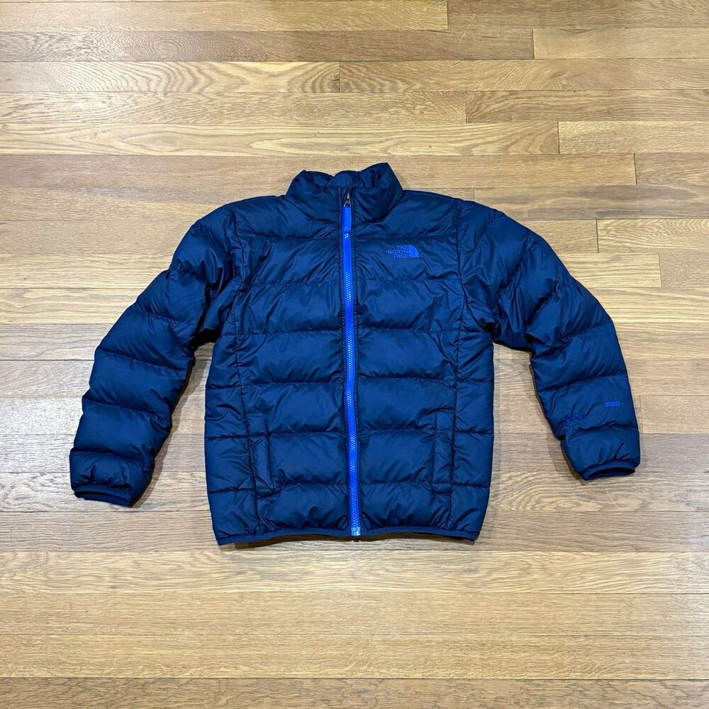The North Face Blue 550 Down Full-Zip Puffer Jacket Pocket Boys Sz 10/12 Medium